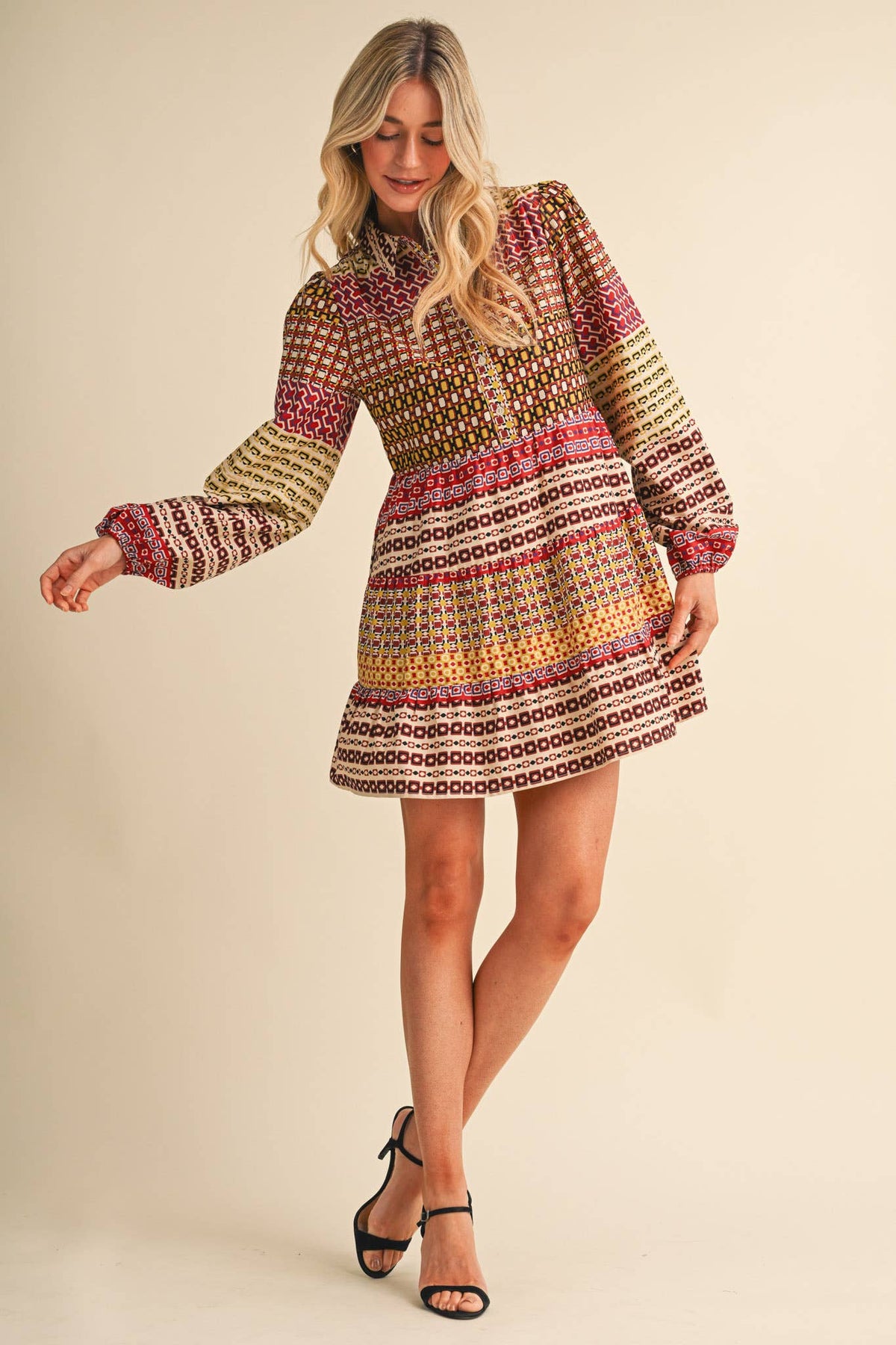 Border Print Button Down Mini Dress