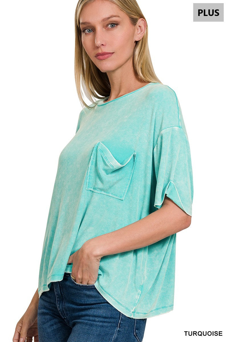 Plus Washed Ribbed Short Sleeve Round Neck Top