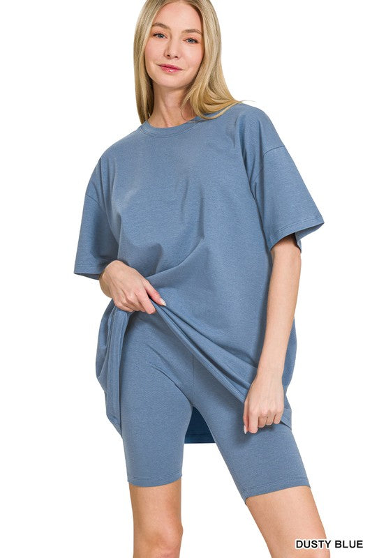 Cotton Round Neck Top and Biker Short Set