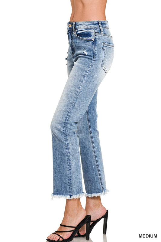 Zenana High Rise Straight Raw Hem Cropped Denim Pants