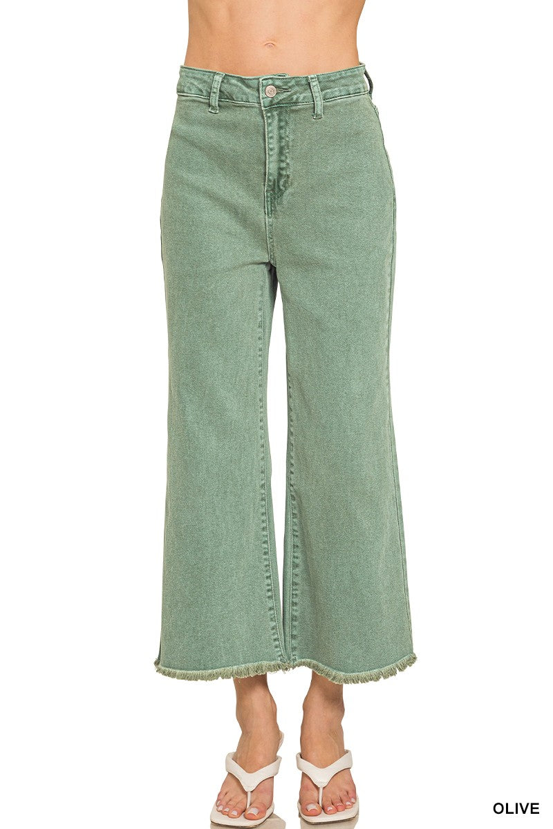 Zenana Acid Wash Frayed Hem Straight Pants
