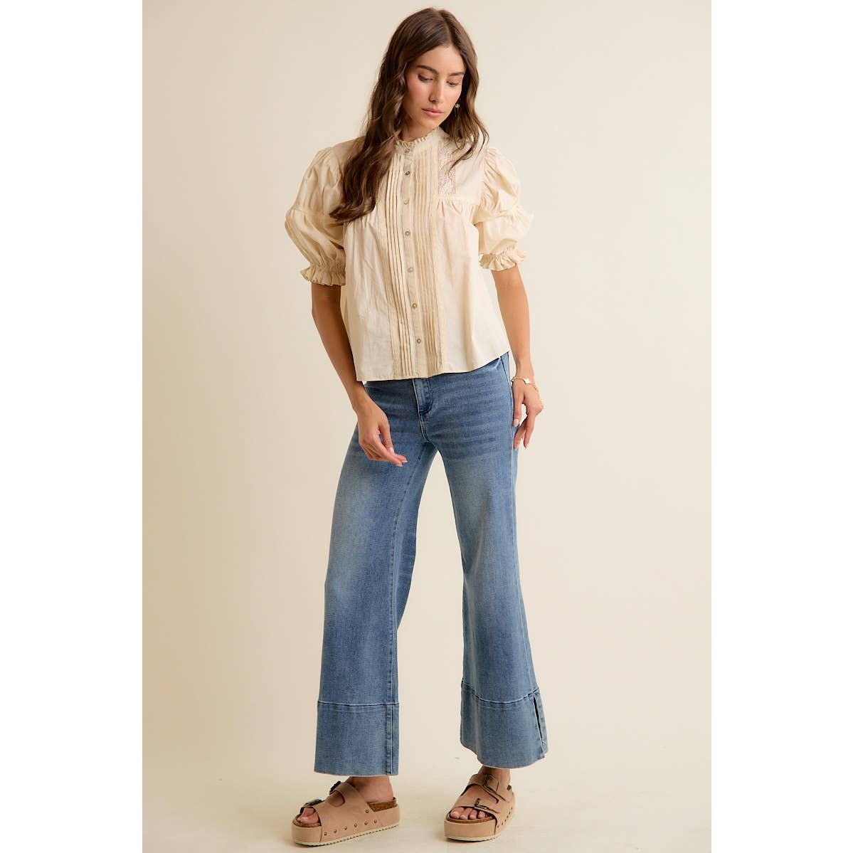 Lace Button Down Short Sleeve Top