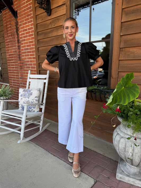 Puff Sleeve Embroidered Detail Blouse