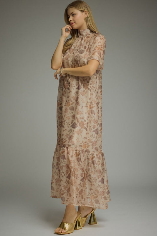 Sheer Floral Maxi Dress- Taupe