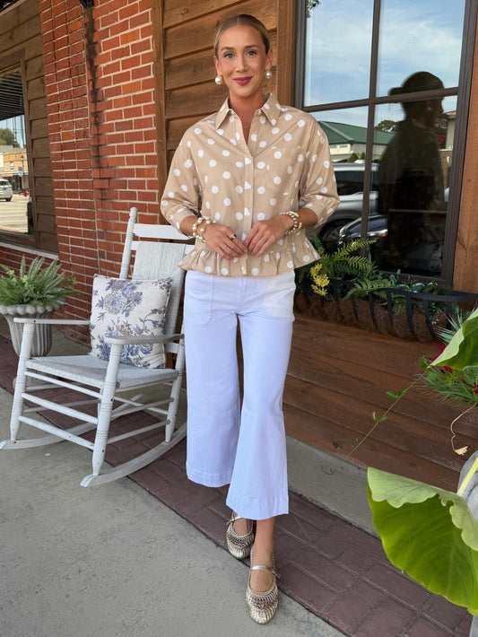 Polka Dot Ruffle Hem Button Up Top