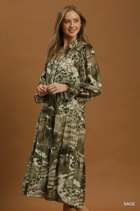 Mixed Abstract Print Tiered Maxi Dress
