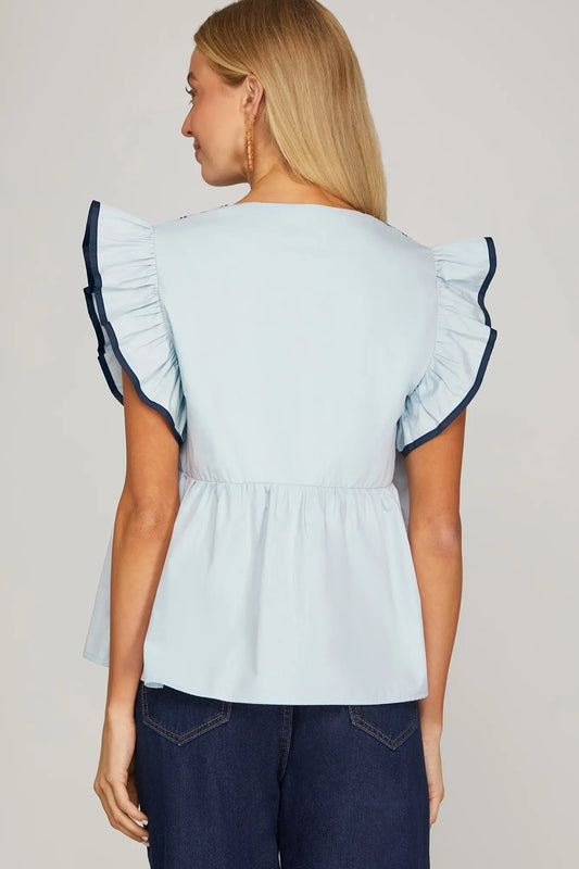 Ruffle Sleeve Embroidery Top