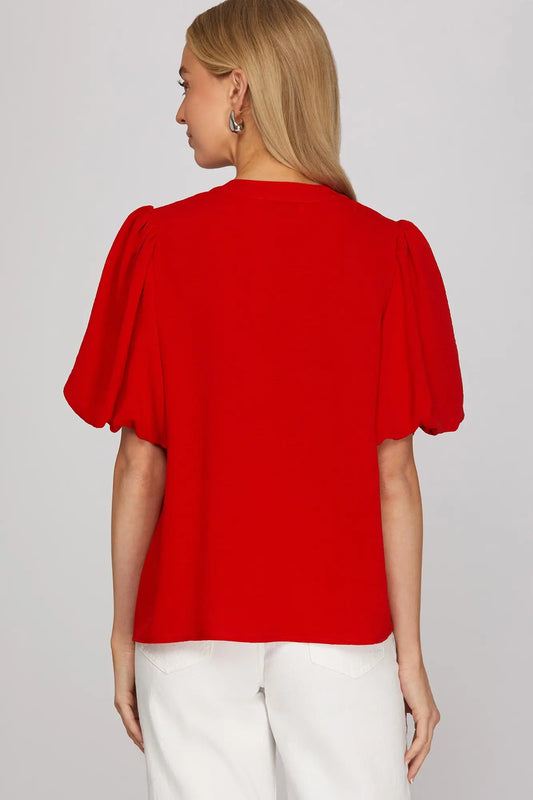 Pintuck Detail Neck Tie Woven Top