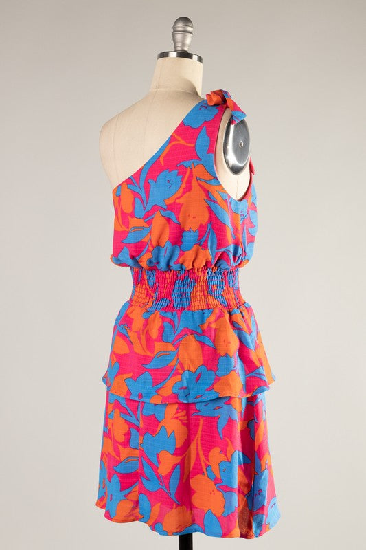 Floral Print One Shoulder Dress