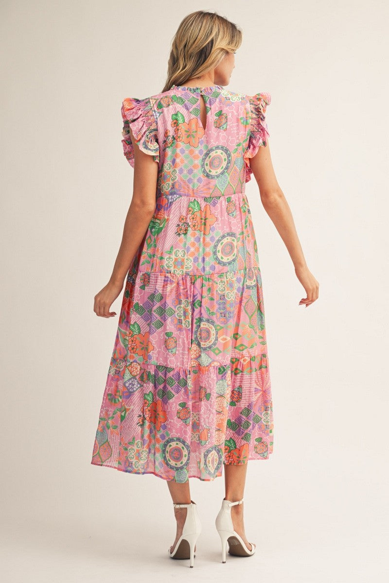 Smocked Shoulder Detail Boho Floral Midi Dress