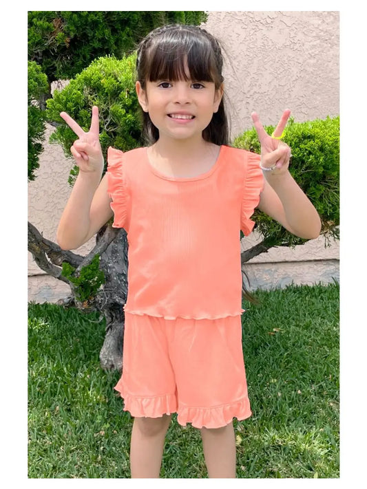 Girls Ribbed Ruffle Sleeve Short Set