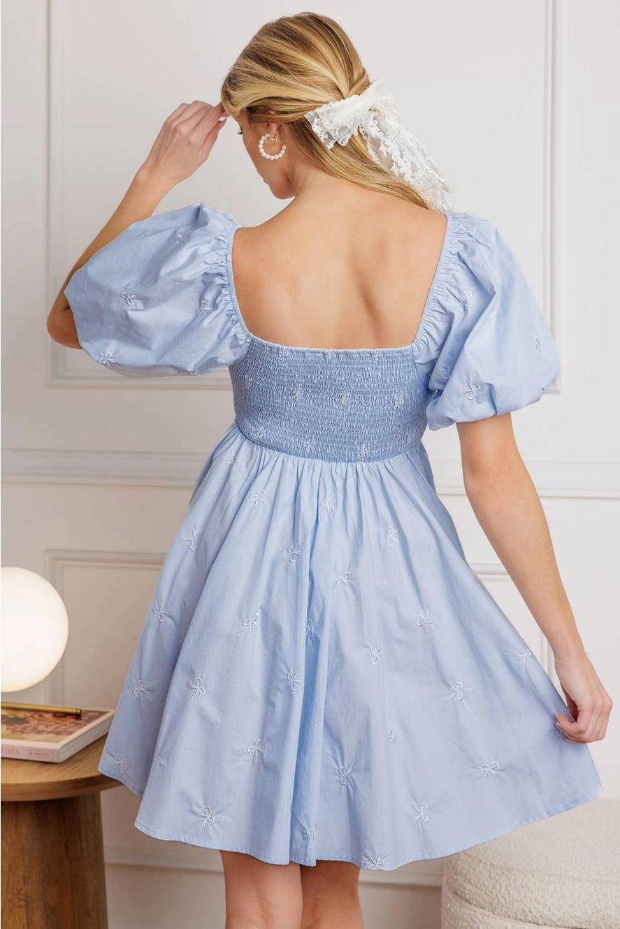 Bow Embroidered Woven Mini Dress