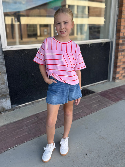 Girls Mixed Stripe Pocket Tee