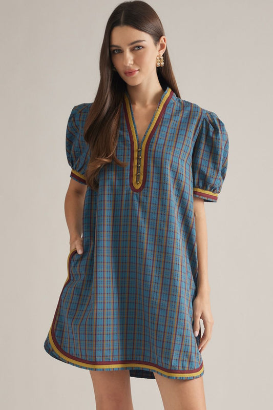 Plaid Puff Sleeve Mini Dress-Teal