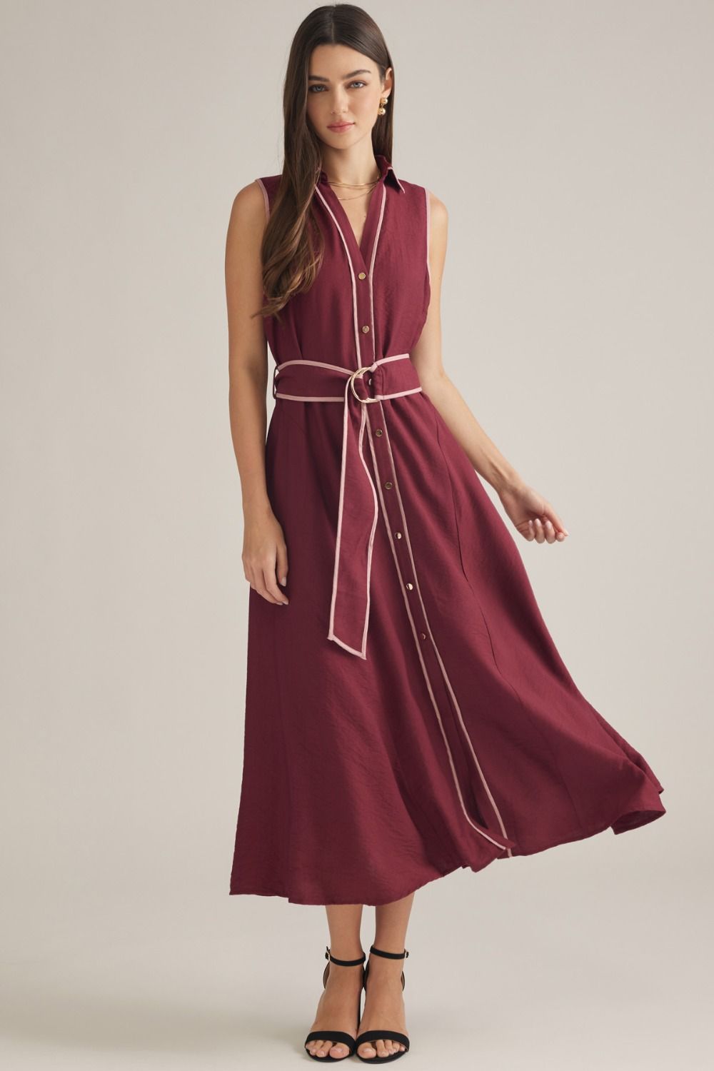 Sleeveless Belted Midi Dress-Burgundy