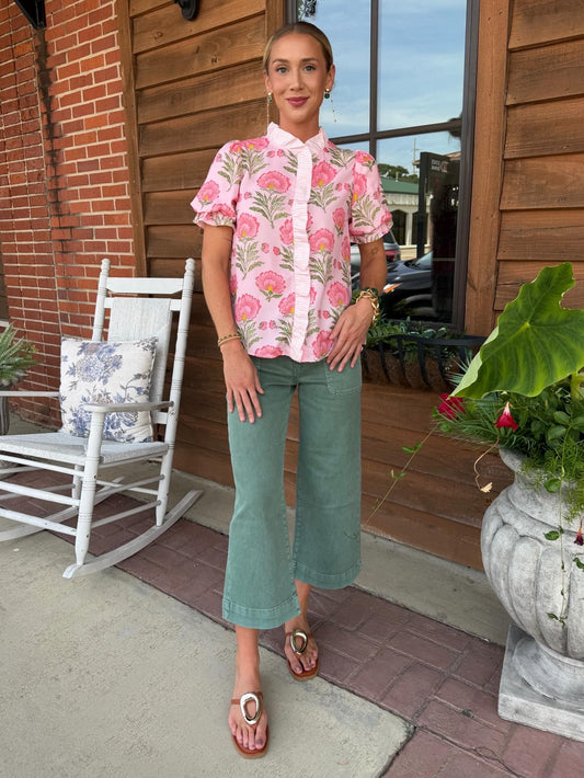Floral Ruffle Striped Trim Puff Sleeve Top