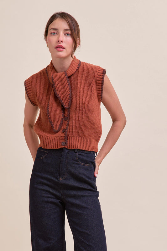 Tie Neck Sweater Vest W/ Contrast Blanket Stitch