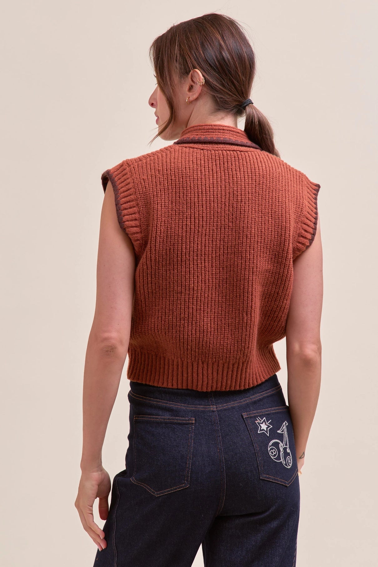 Tie Neck Sweater Vest W/ Contrast Blanket Stitch