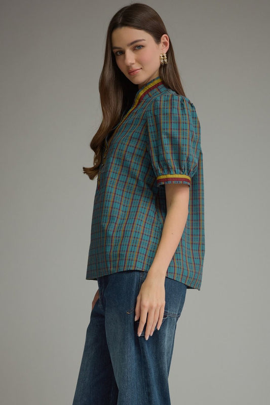 Plaid Puff Sleeve Top- Teal