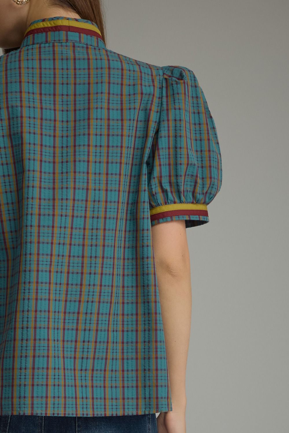 Plaid Puff Sleeve Top- Teal