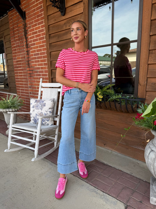 Summer 2026 Stripe Scalloped Trim Round Neck T Shirt