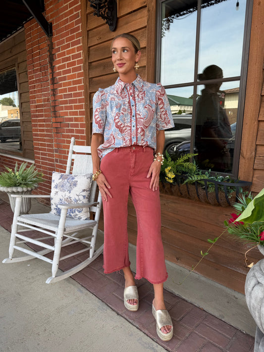 Print Scalloped Trim Button Down Top