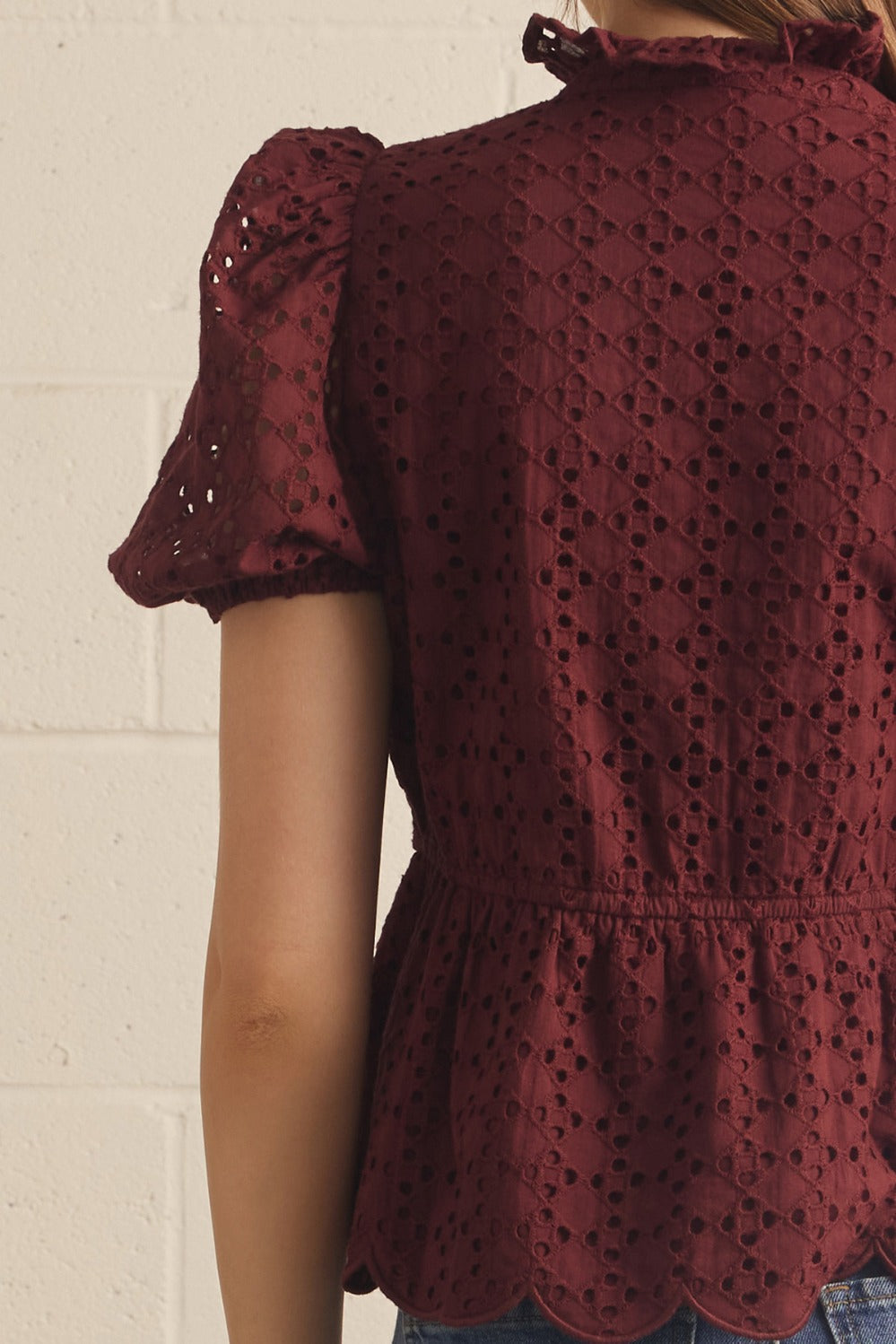 Puff Sleeve Eyelet Top-Burgundy