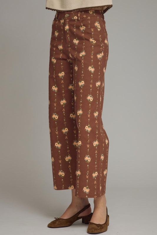 Floral Print Wide Leg Pants-Brown