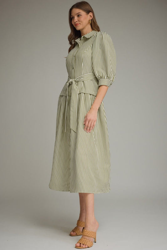 Striped Collared Midi Dress-Olive