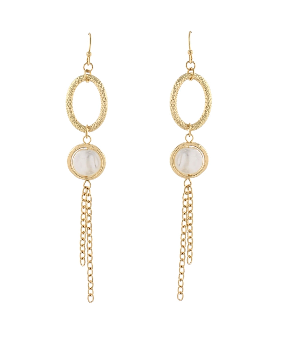 Oval w/Pearl & Fringe Chain Earrings