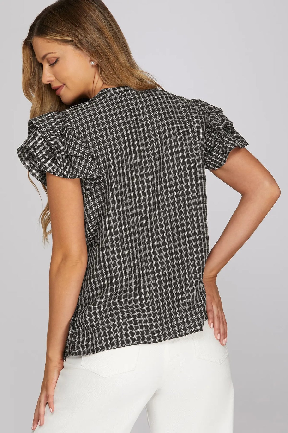 Ruffle Sleeve Gingham Top- Black