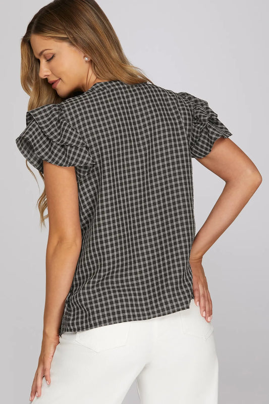 Ruffle Sleeve Gingham Top- Black