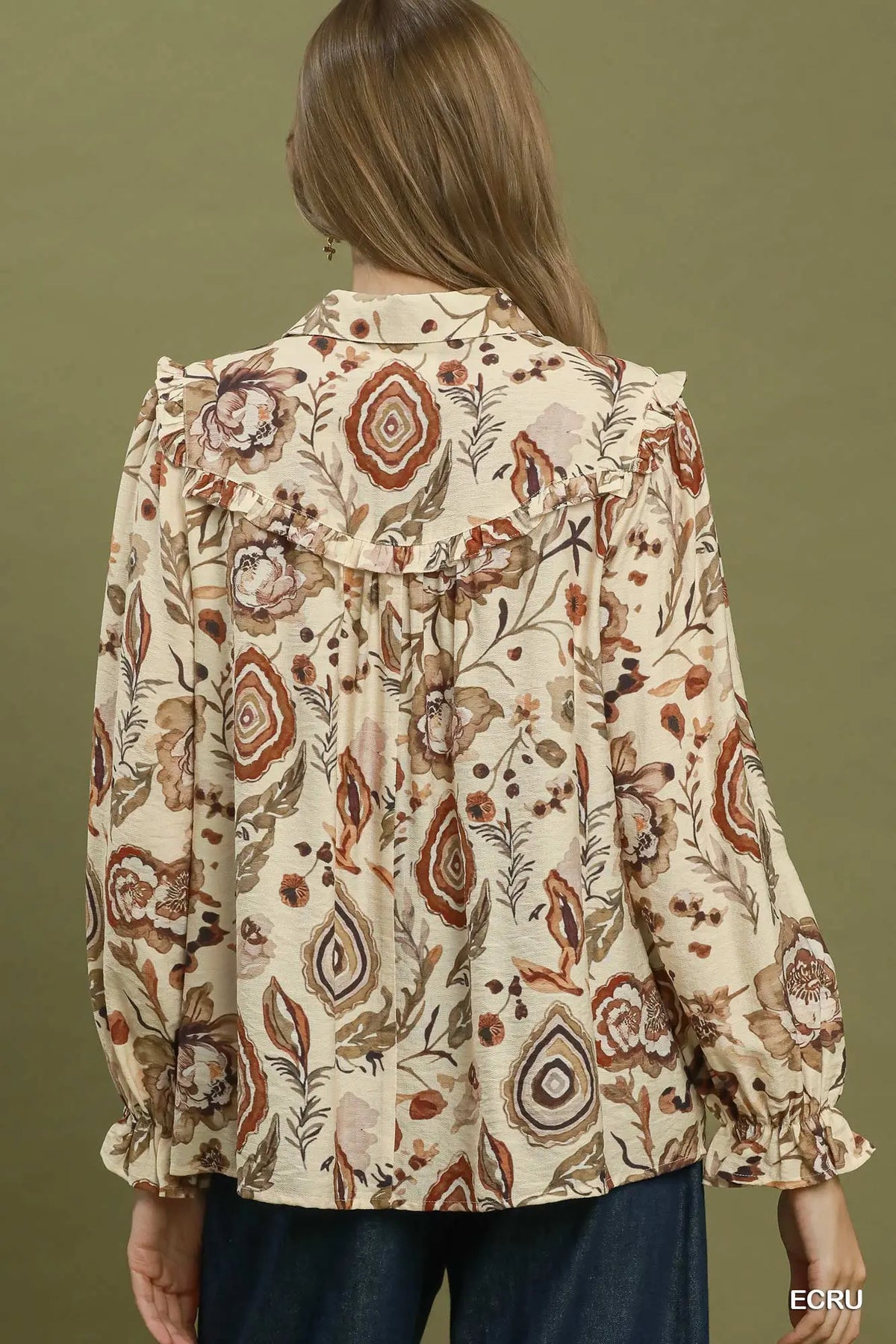Boho Floral Ruffle Button-Up Top