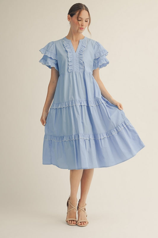 Embroidered Edge Ruffle Detail Midi Dress