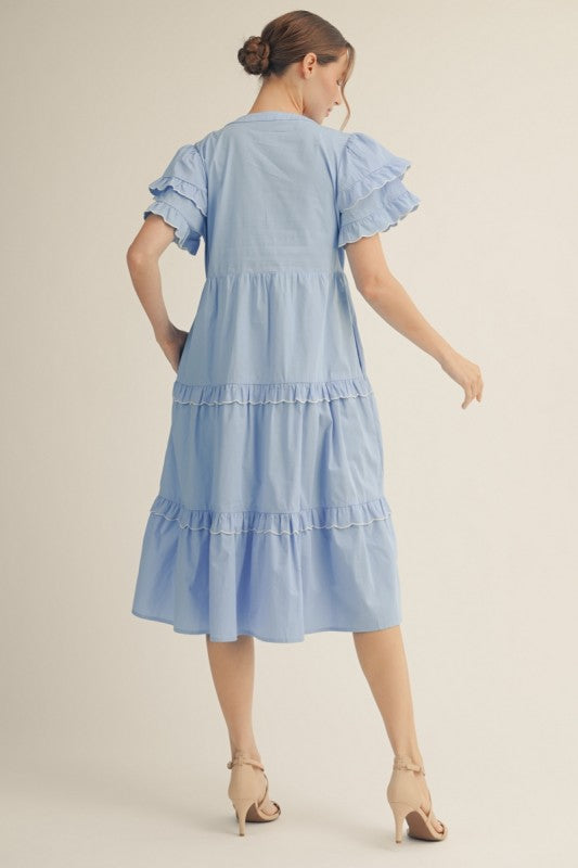 Embroidered Edge Ruffle Detail Midi Dress