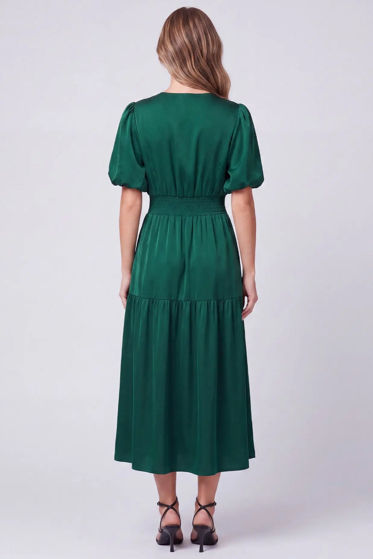 Satin Surplice Midi Dress-Green