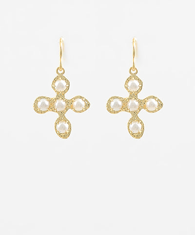 Hammered Cross & Pearl Earrings