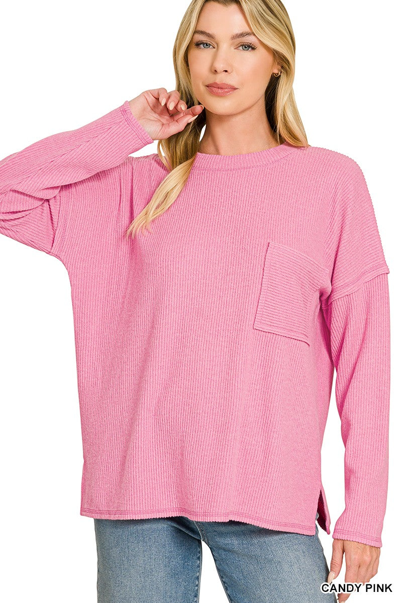 Zenana Ribbed Brushed Pocket Sweater