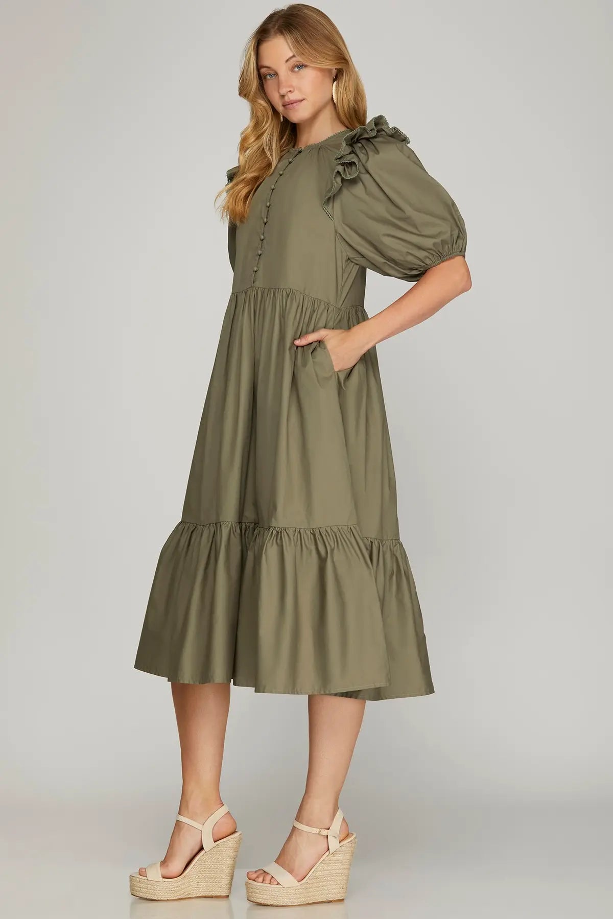 Ruffle Sleeve Tiered Midi Dress Olive / L