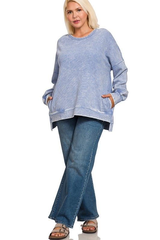 Zenana Curvy Acid Washed Ribbed Hi-low Pullover