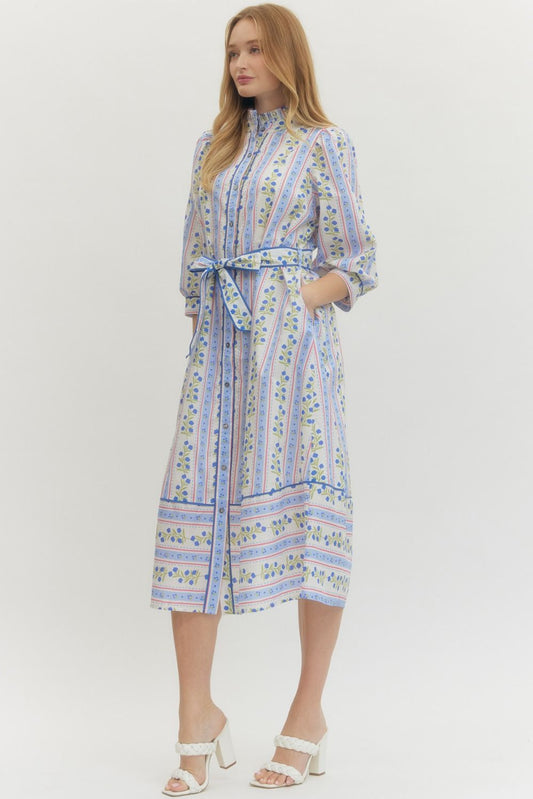 Floral Stripe 3/4 Puff Sleeve Midi Dress