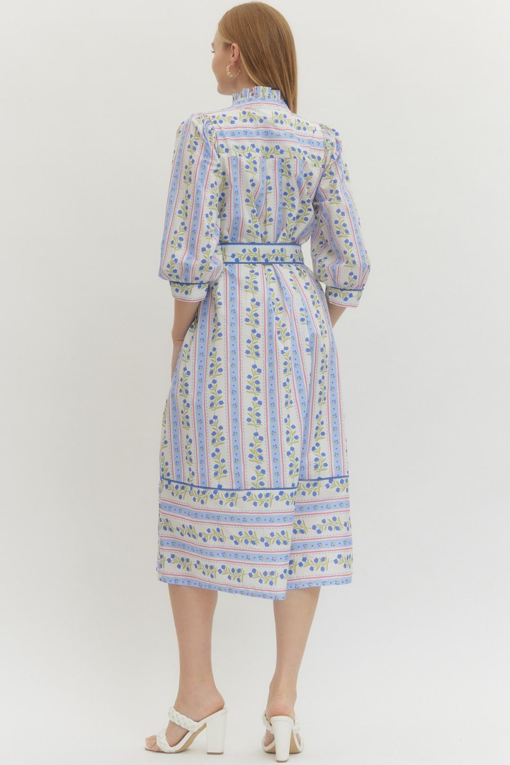 Floral Stripe 3/4 Puff Sleeve Midi Dress