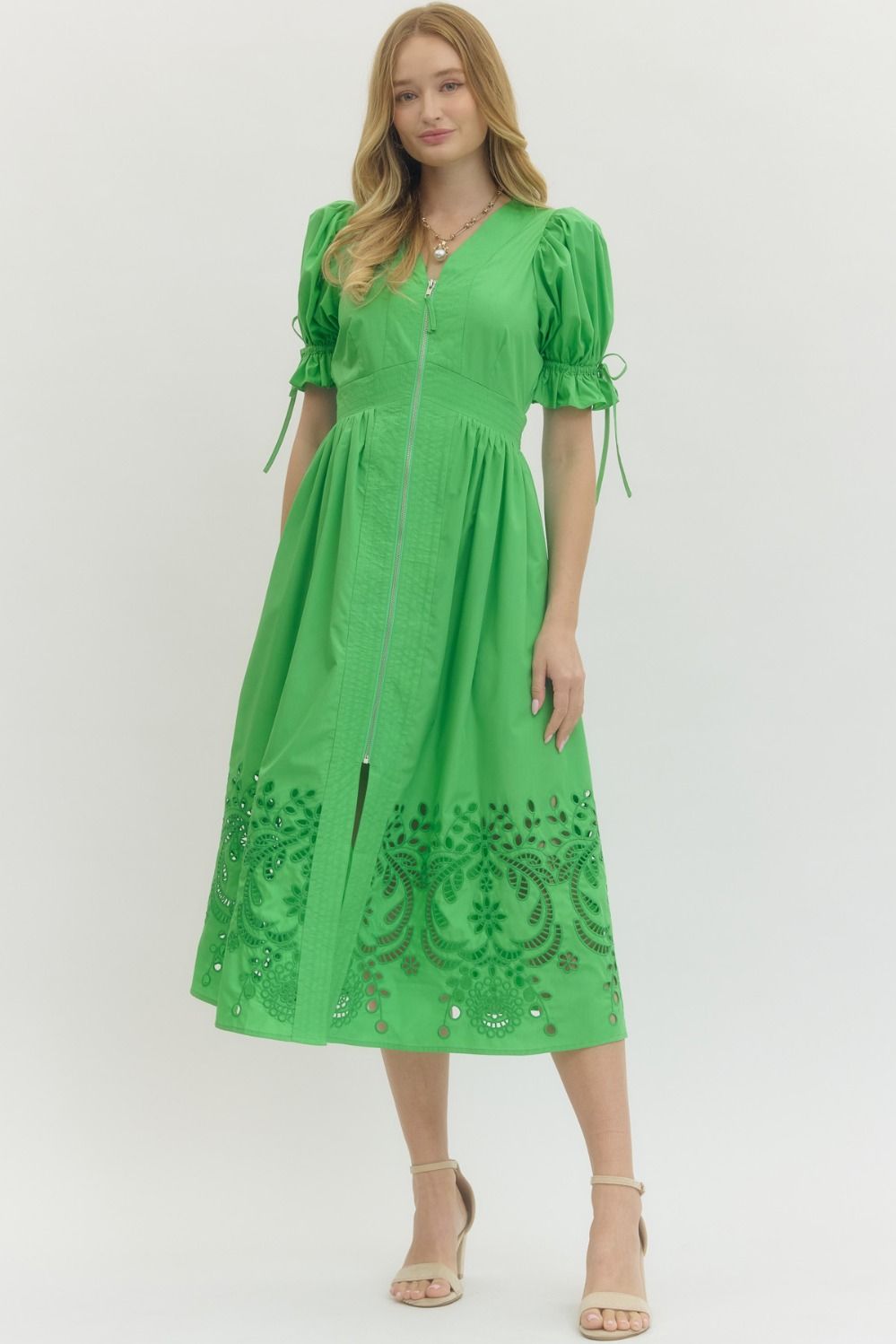 Eyelet Detail Midi Dress Green / M