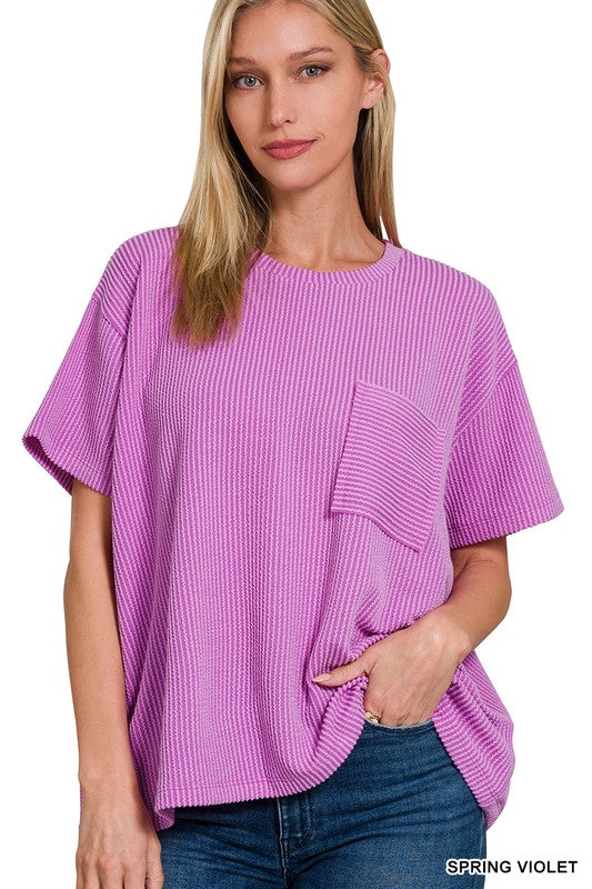 Zenana Raised Rib Short Sleeve Front Pocket Top