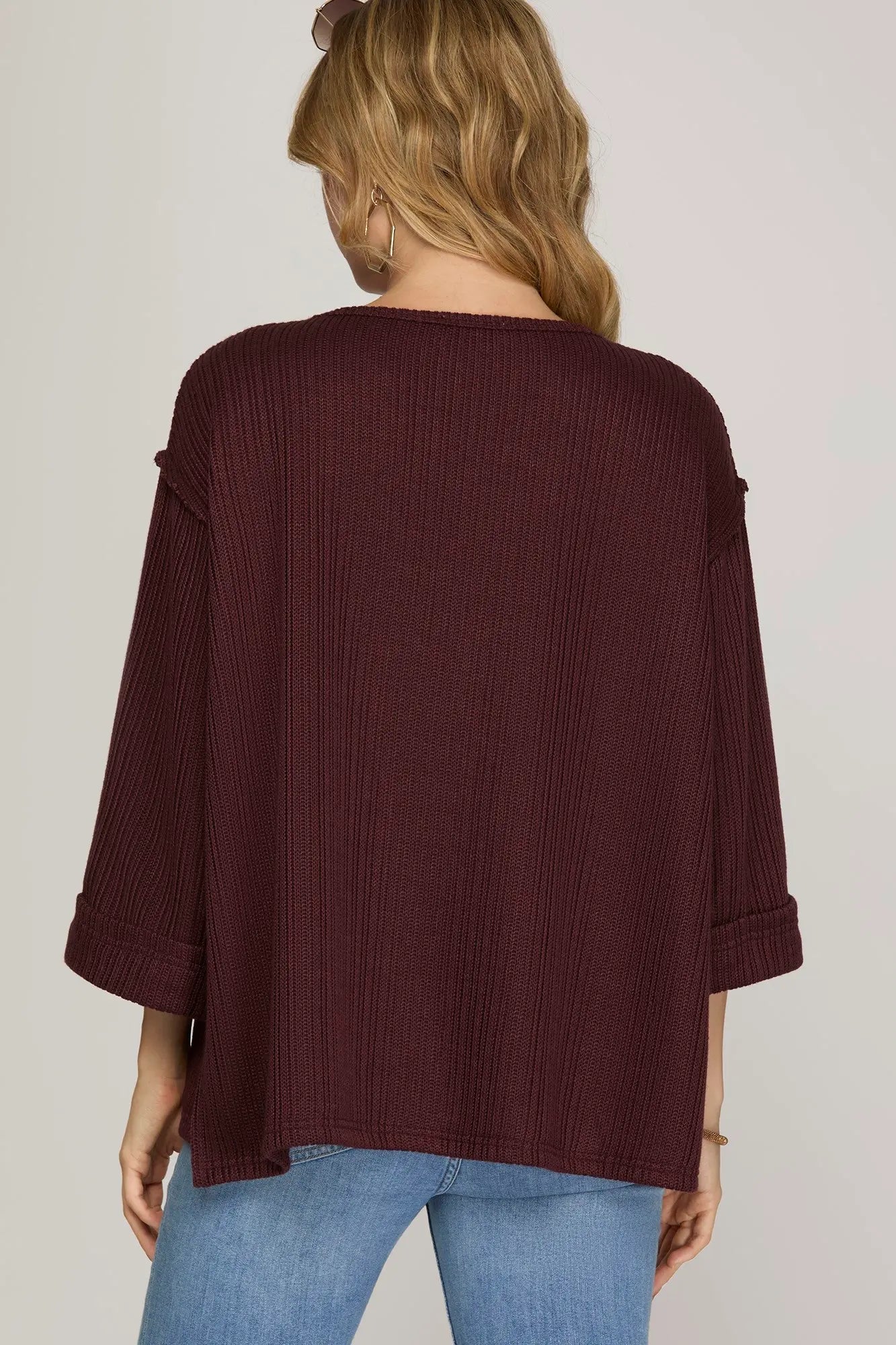 3/4 Folded Sleeve Knit Top