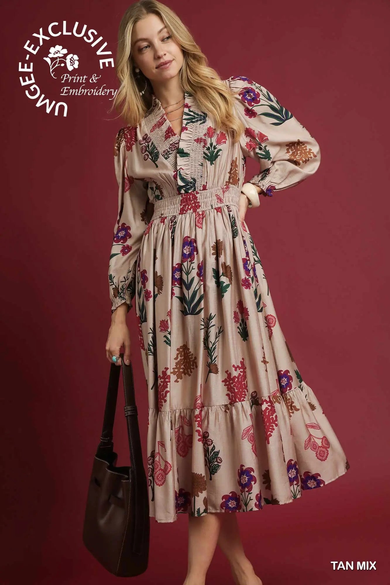 Umgee Mix Floral Print Midi Dress