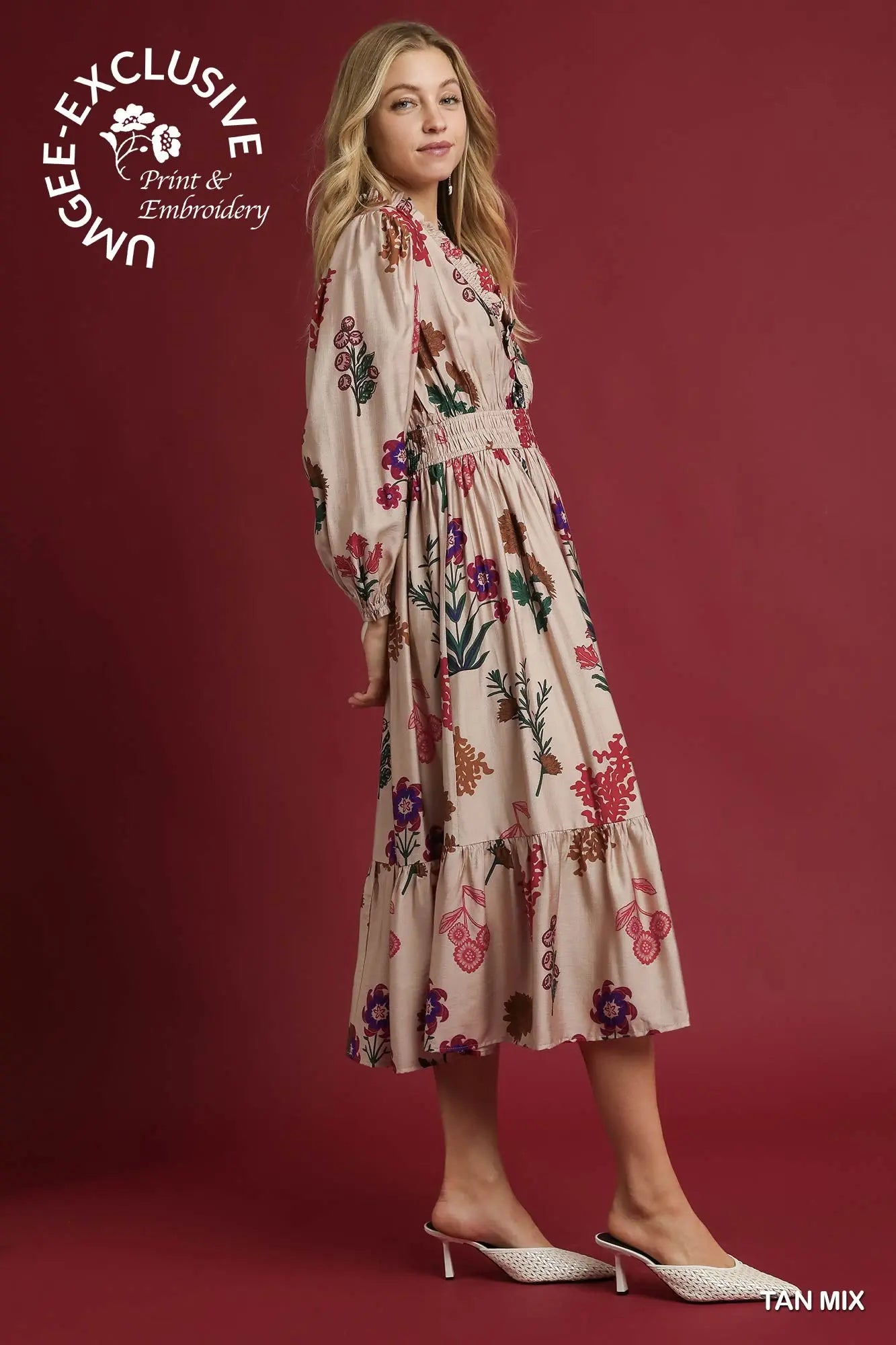 Umgee Mix Floral Print Midi Dress