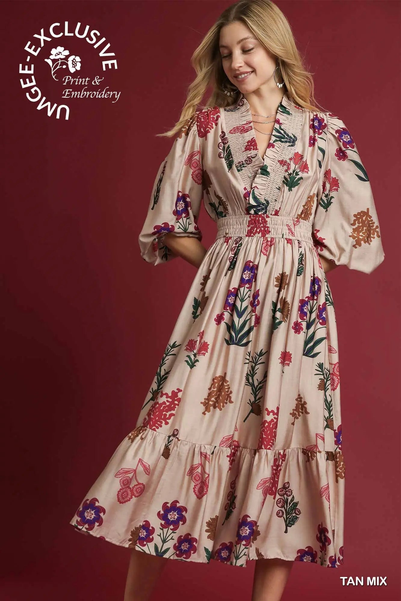 Umgee Mix Floral Print Midi Dress