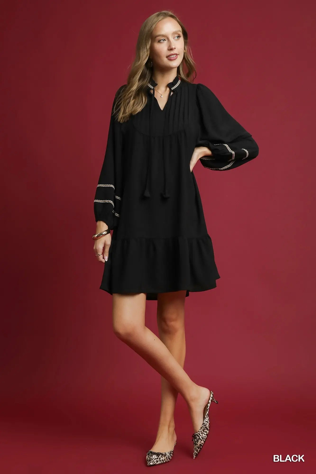 Umgee Pleated Smock Tiered Mini Dress