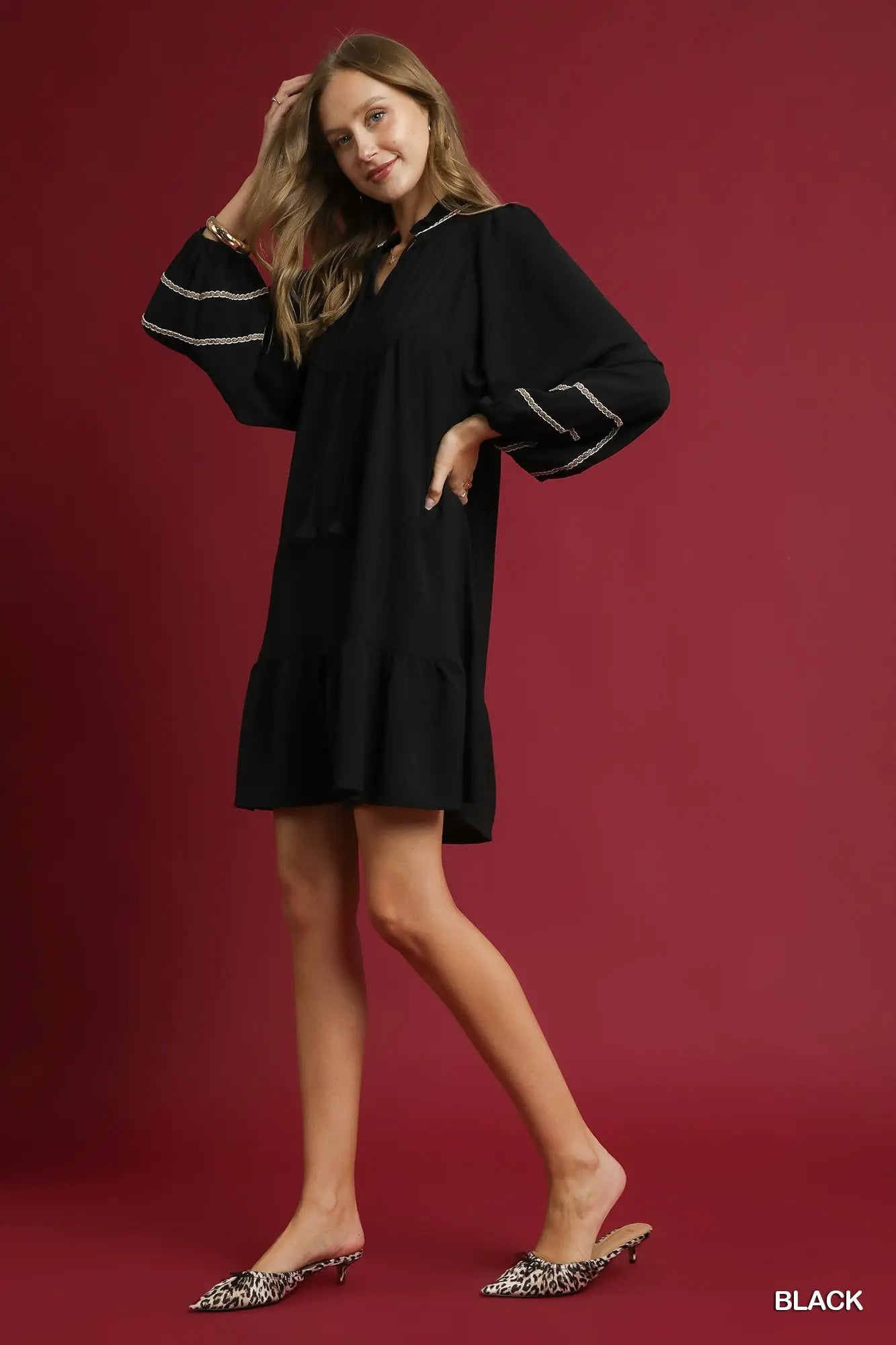 Umgee Pleated Smock Tiered Mini Dress